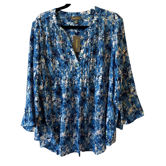 Style & Co NWT Women's Plus 3X Blue Pintuck 3/4 Bell Sleeve V Neck Tunic Blouse - Picture 1 of 13